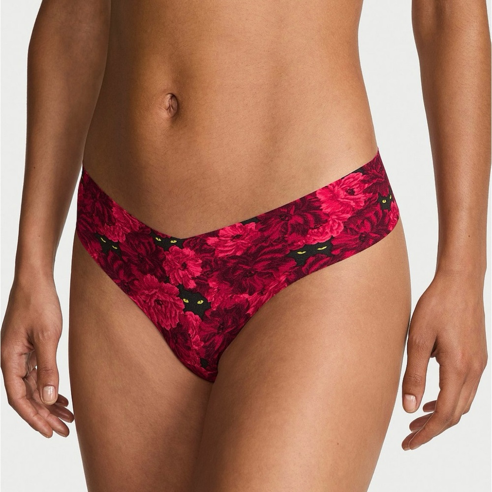 NWT Victoria's Secret Red and Black Thong Floral Design with Hidden Black Cat